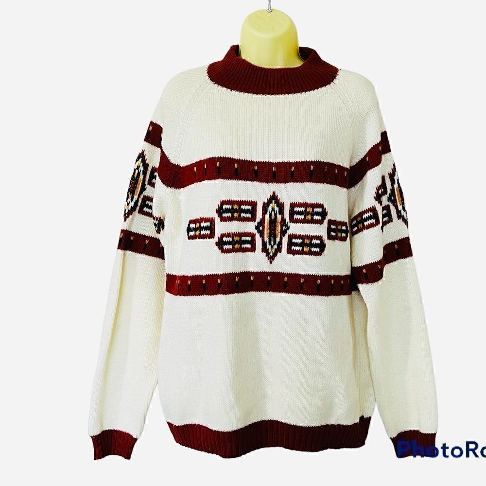 VINTAGE Aztec Hand Knitted Fisherman Winter CabinCore Chunky White SweaterXlarge